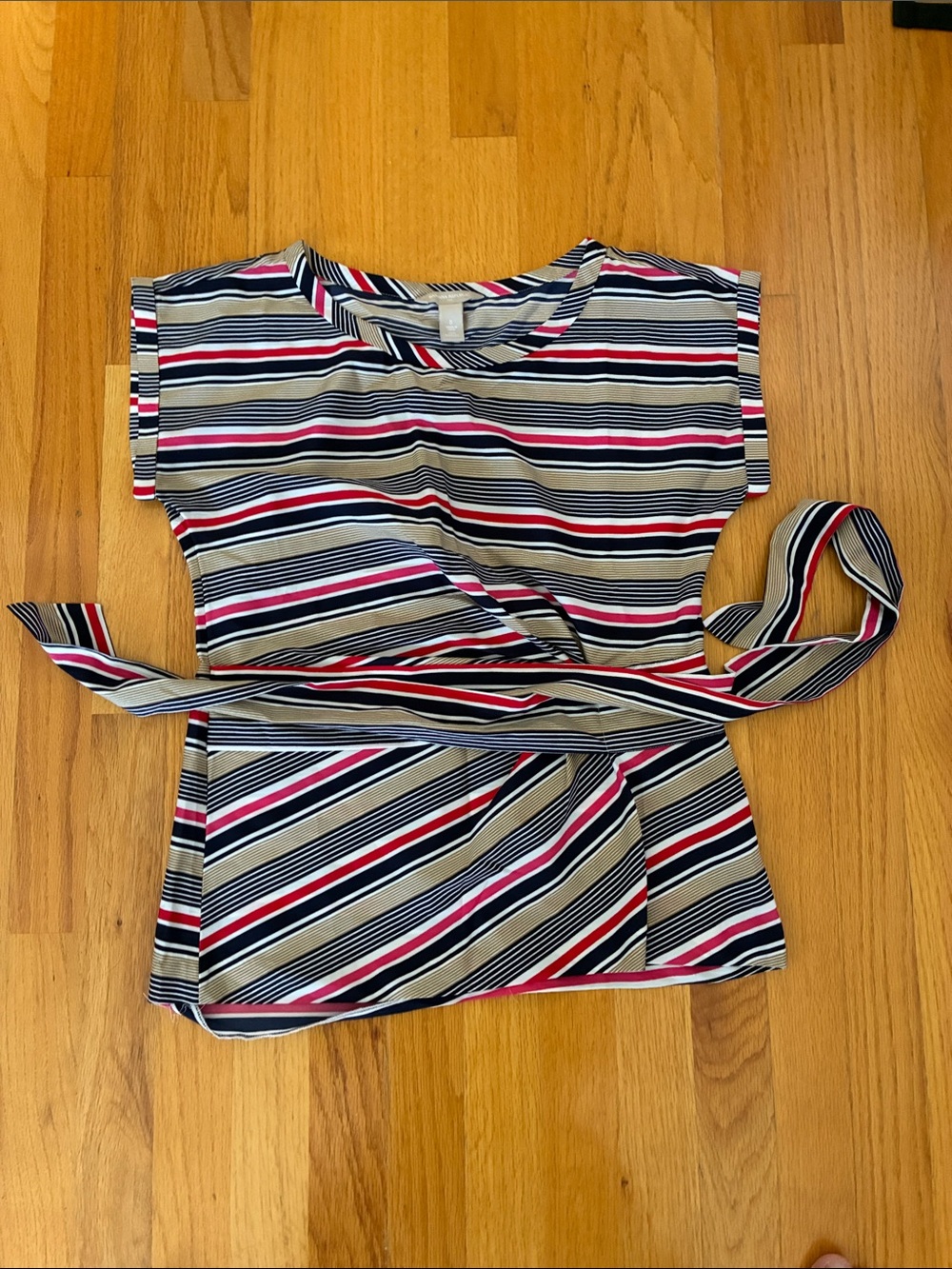 Banana Republic Striped Belted Blouse in Black, White, Red, Pink, Tan